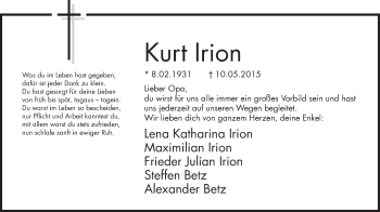 Traueranzeige von Kurt Irion 