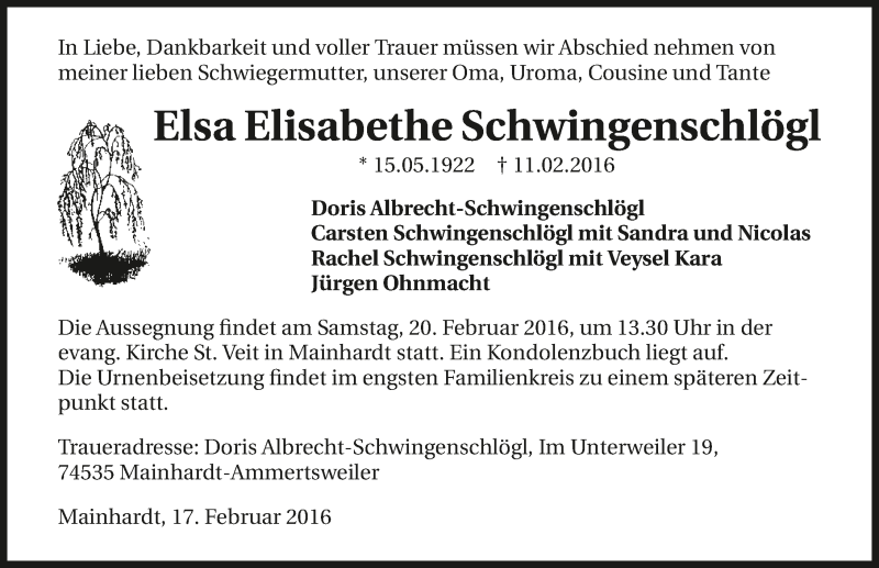  Traueranzeige für Elsa Elisabethe Schwingenschlögl vom 17.02.2016 aus 
