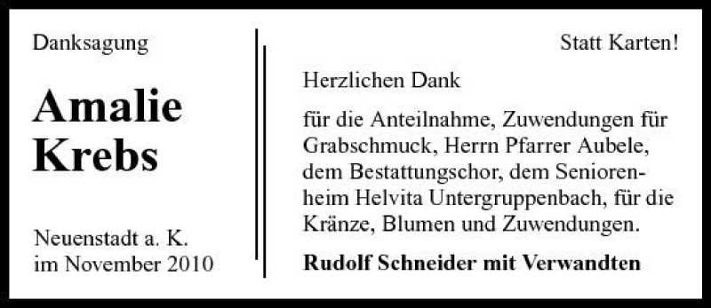  Traueranzeige für Amalie Krebs vom 26.11.2010 aus 
