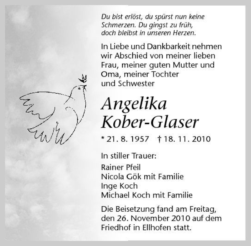  Traueranzeige für Angelika Kober-Glaser vom 27.11.2010 aus 