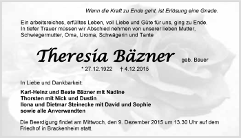 Traueranzeige von Theresia Bäzner 