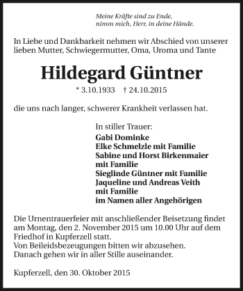 Traueranzeige von Hildegard Güntner 