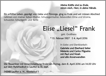 Traueranzeige von Elise Frank 