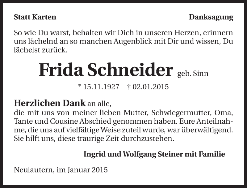  Traueranzeige für Frida Schneider vom 30.01.2015 aus 