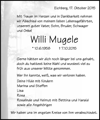 Traueranzeige von Willi Mugele 