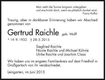 Traueranzeige von Gertrud Raichle 