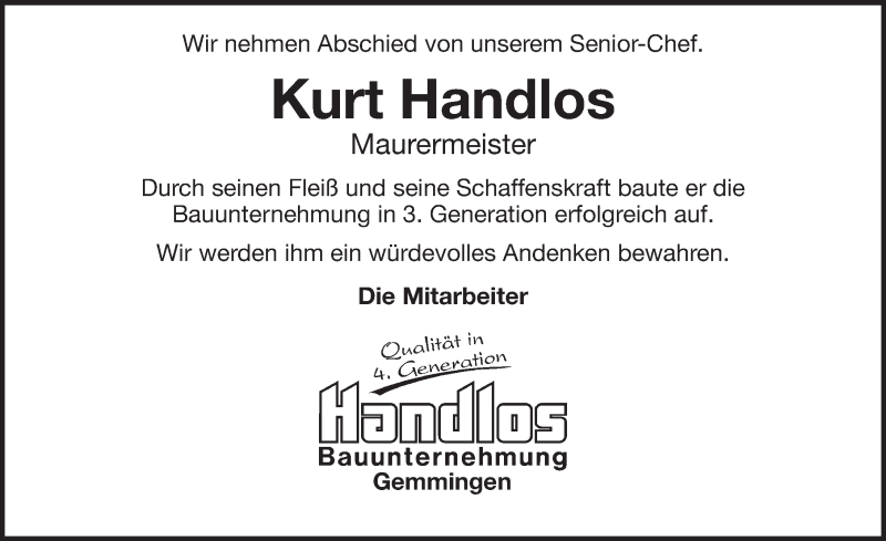  Traueranzeige für Kurt Handlos vom 07.02.2015 aus 
