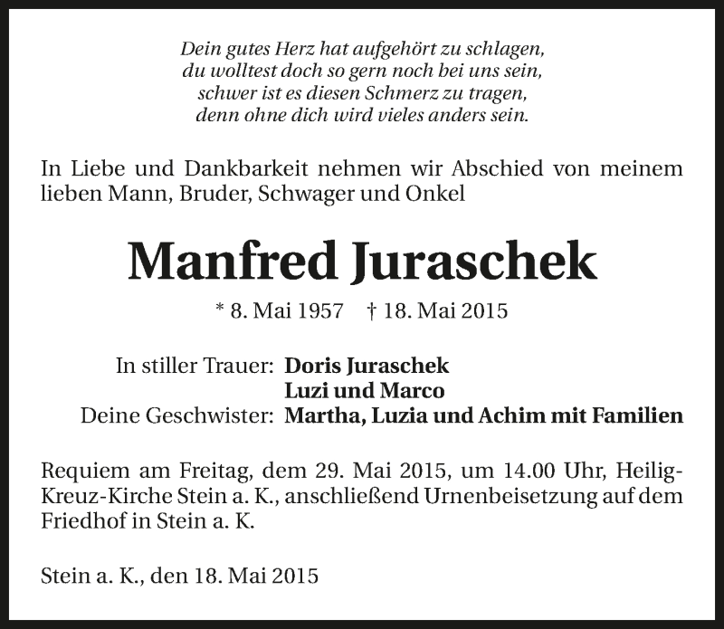  Traueranzeige für Manfred Juraschek vom 27.05.2015 aus 