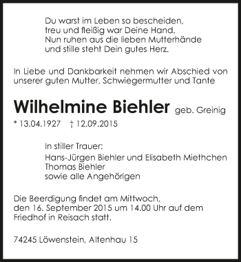 Traueranzeige von Wilhelmine Biehler 
