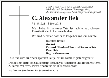 Traueranzeige von Alexander Bek 