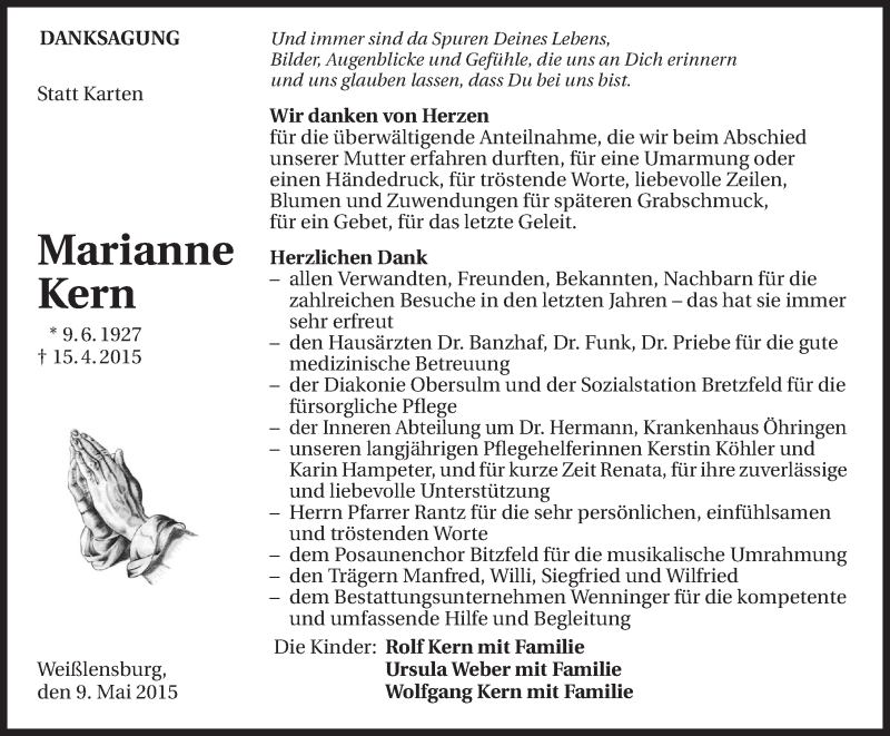  Traueranzeige für Marianne Kern vom 09.05.2015 aus 