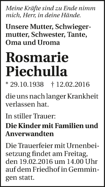 Traueranzeige von Rosemarie Piechulla 