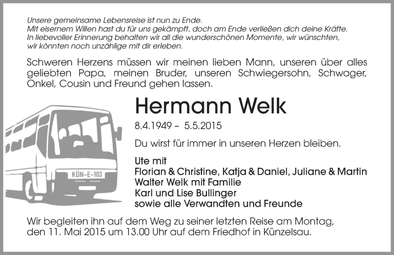  Traueranzeige für Hermann Welk vom 08.05.2015 aus 