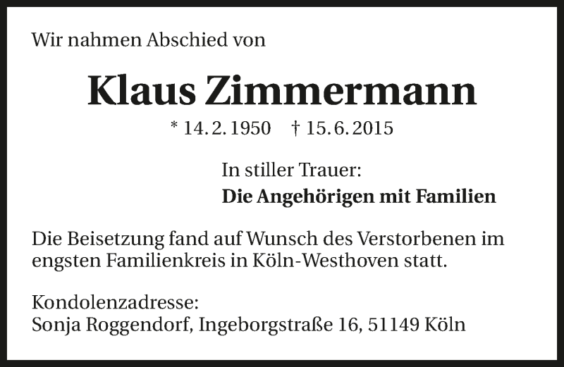  Traueranzeige für Klaus Zimmermann vom 27.06.2015 aus 