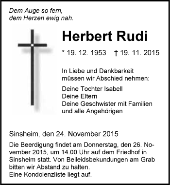 Traueranzeige von Herbert Rudi 