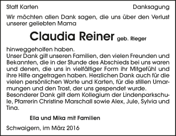 Traueranzeige von Claudia Reiner 