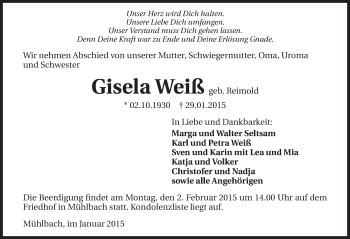 Traueranzeige von Gisela Weiß 