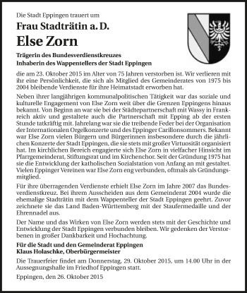 Traueranzeige von Else Zorn 