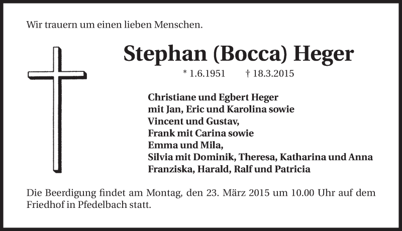  Traueranzeige für Stephan Heger vom 21.03.2015 aus 