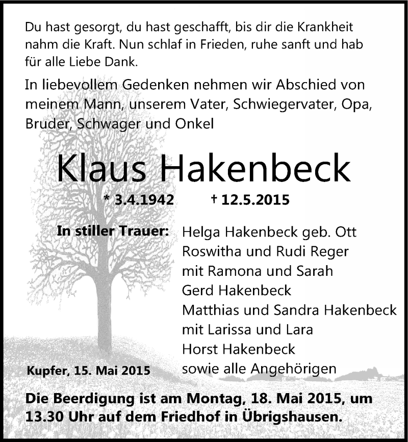  Traueranzeige für Klaus Hakenbeck vom 15.05.2015 aus 