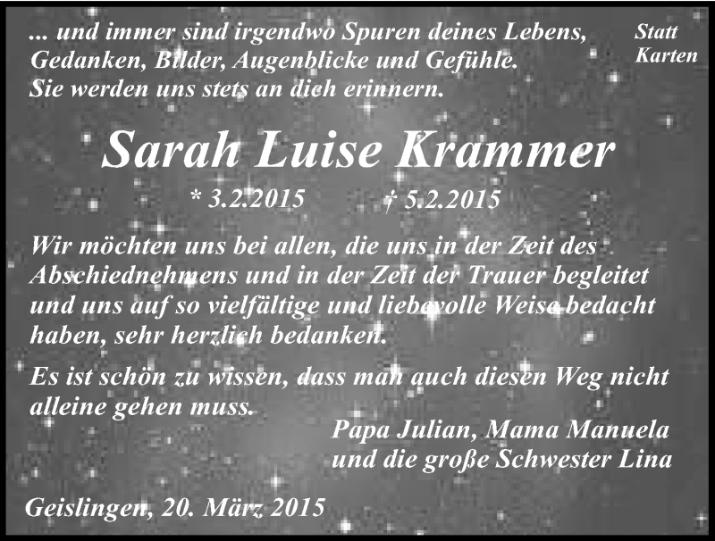  Traueranzeige für Sarah Luise Krammer vom 20.03.2015 aus 