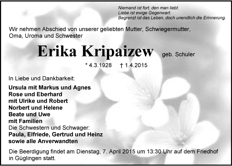  Traueranzeige für Erika Kripaizew vom 02.04.2015 aus 