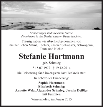 Traueranzeige von Stefanie Hartmann 