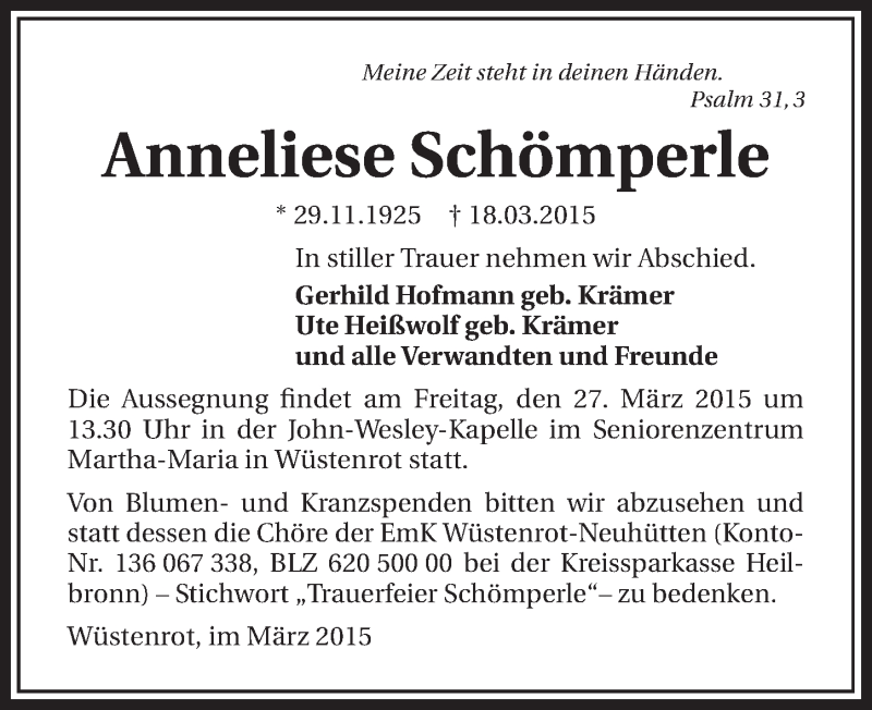  Traueranzeige für Anneliese Schömperle vom 24.03.2015 aus 