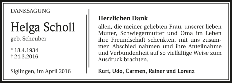  Traueranzeige für Helga Scholl vom 09.04.2016 aus 