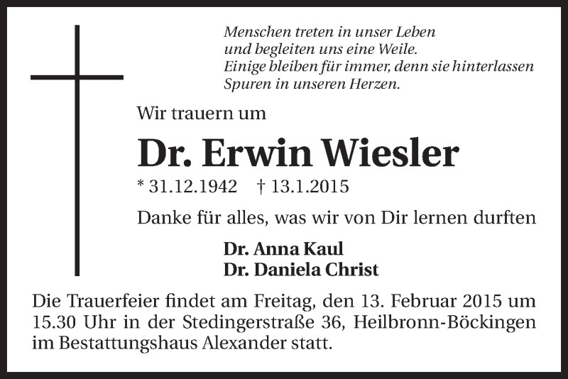  Traueranzeige für Erwin Wiesler vom 04.02.2015 aus 