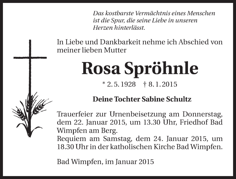  Traueranzeige für Rosa Spröhnle vom 17.01.2015 aus 