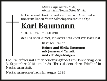 Traueranzeige von Karl Baumann 