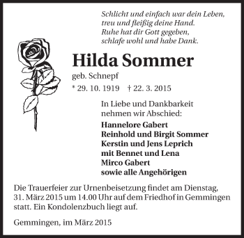 Traueranzeige von Hilda Sommer 