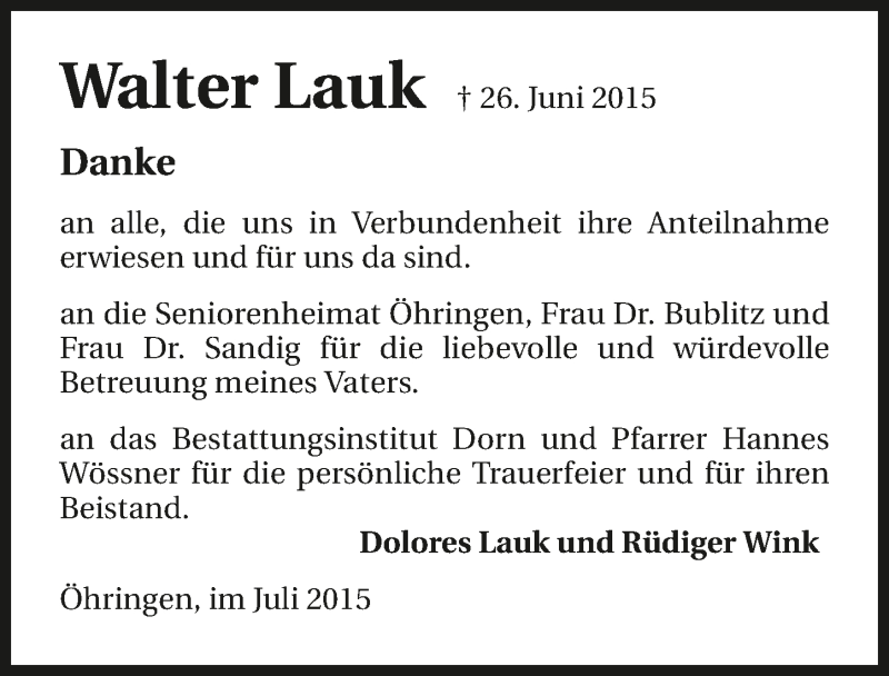  Traueranzeige für Walter Lauk vom 25.07.2015 aus 