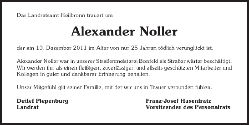  Traueranzeige für Alexander Noller vom 14.12.2011 aus 