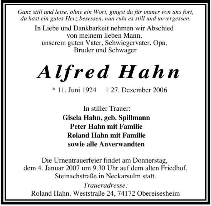  Traueranzeige für Alfred Hahn vom 02.01.2007 aus 