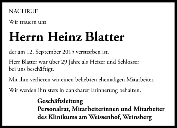 Traueranzeige von Heinz Blatter 