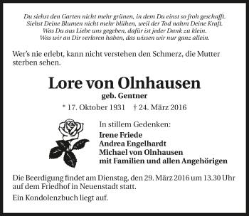 Traueranzeige von Lore von Olnhausen 