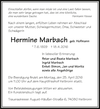Traueranzeige von Hermine Marbach 