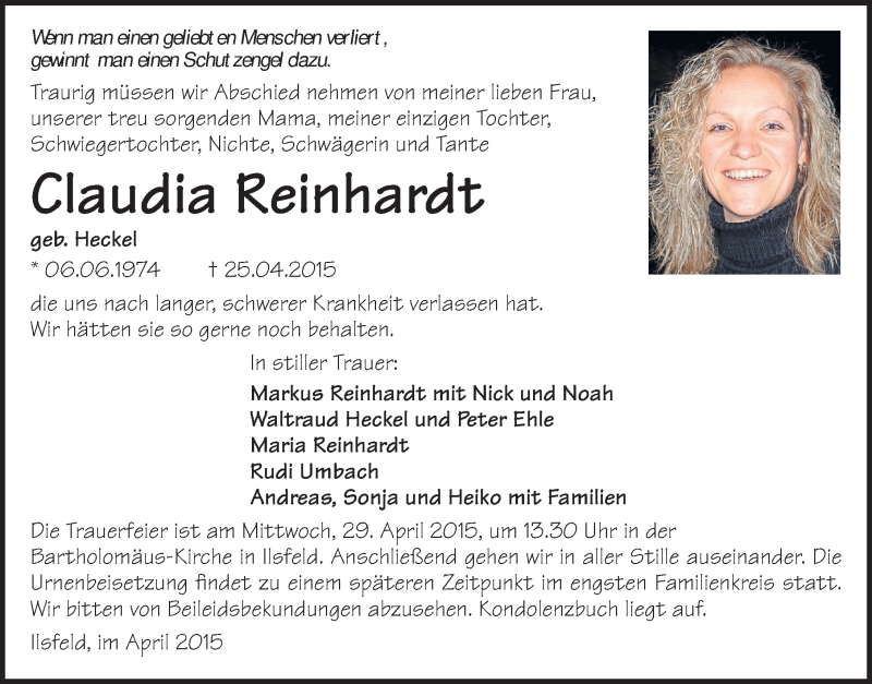  Traueranzeige für Claudia Reinhardt vom 27.04.2015 aus 