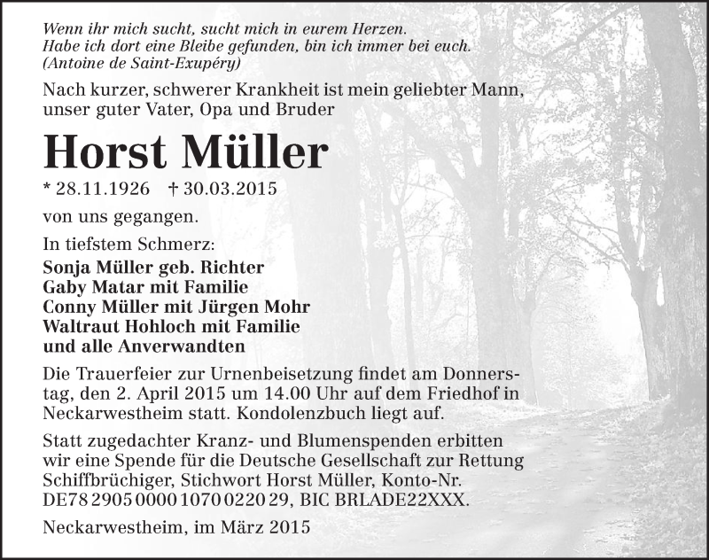  Traueranzeige für Horst Müller vom 31.03.2015 aus 