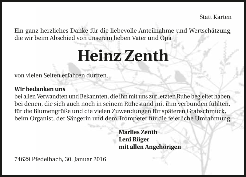  Traueranzeige für Heinz Zenth vom 30.01.2016 aus 