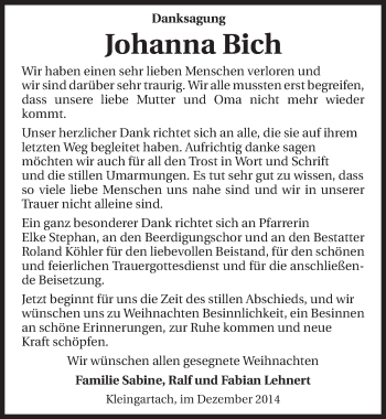Traueranzeige von Johanna Bich 