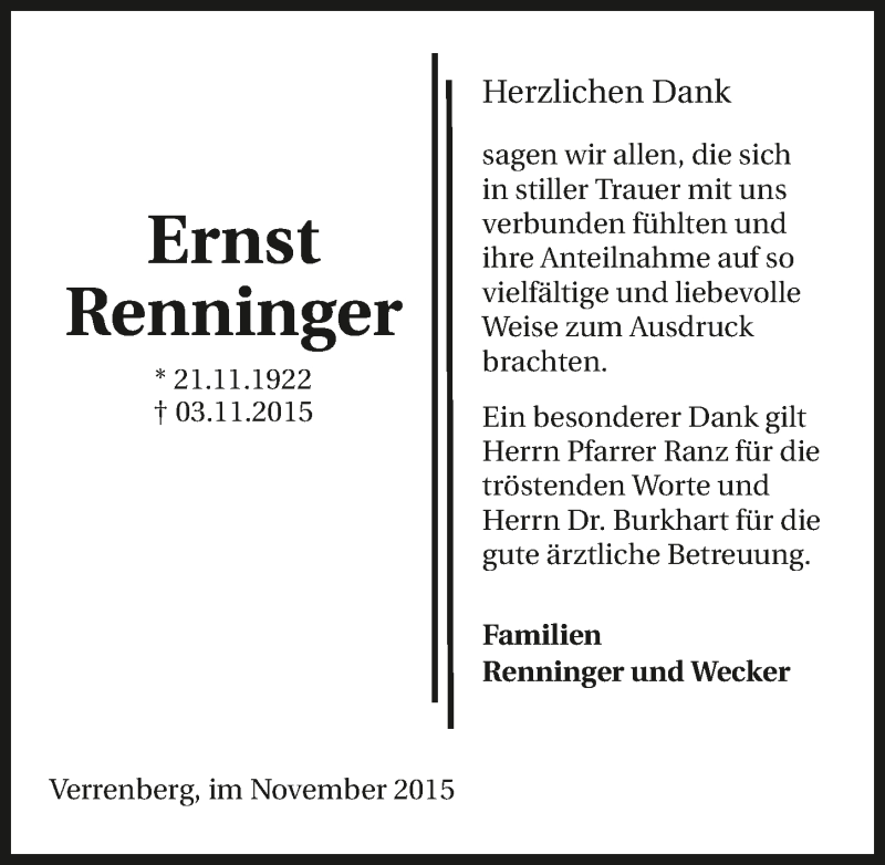  Traueranzeige für Ernst Renninger vom 25.11.2015 aus 
