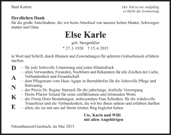 Traueranzeige von Else Karle 