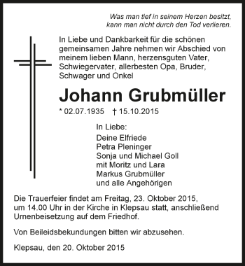 Traueranzeige von Johann Grubmüller 
