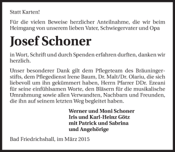 Traueranzeige von Josef Schoner 