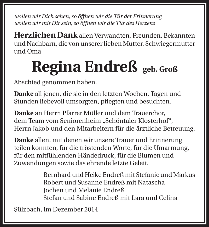  Traueranzeige für Regina Endreß vom 27.12.2014 aus 