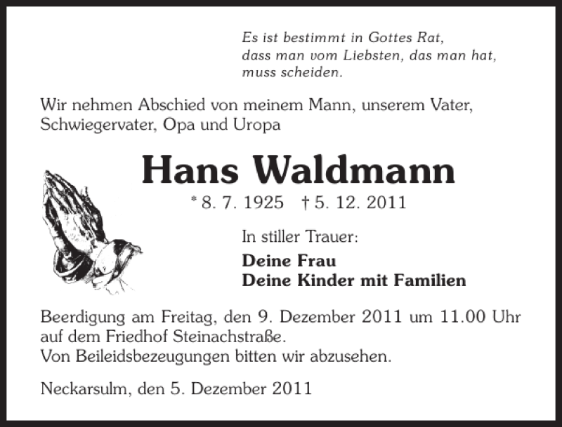  Traueranzeige für Hans Waldmann vom 07.12.2011 aus 