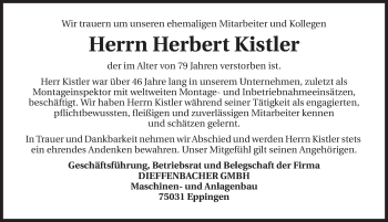 Traueranzeige von Herbert Kistler 
